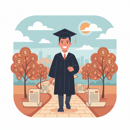A flat design illustration of a recent graduate smiling confidently, walking on a clear path. Behind them, student loan documents are shown conceptually transforming into vibrant money trees, representing effective managing student debt and leading to financial freedom. The style is cartoon with clean lines and a limited color palette of warm earth tones, soft blues, and muted oranges.