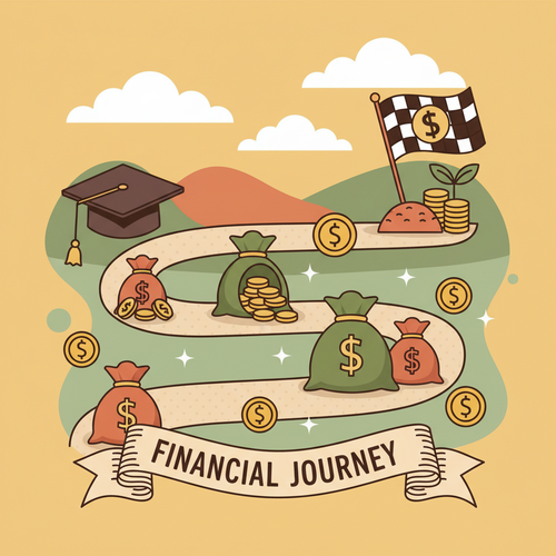 A visual representation of a clear path towards financial freedom for recent graduates by Paying Off Student Loans Fast, featuring a graduation cap, money, and a goal flag.