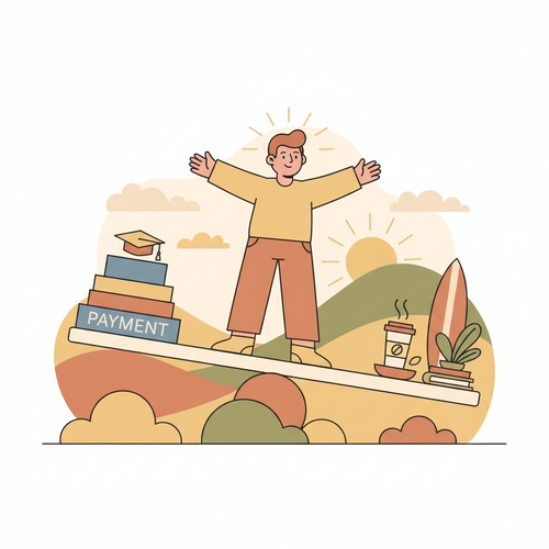 Flat design illustration of a person balancing student loan payments and lifestyle choices, symbolizing strategies to pay off student loans faster.