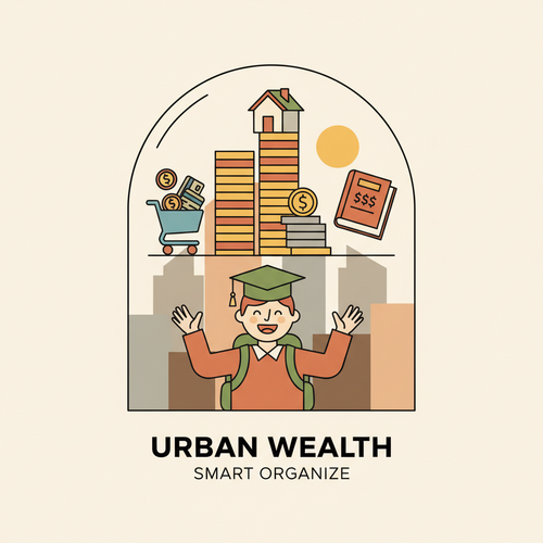 A student character effectively managing finances and student budgeting in high-cost cities, with various expense icons balanced.