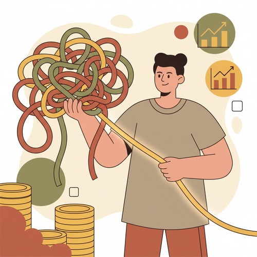 Illustration depicting the simplification of finances through Student Loan Refinancing 2026, showing a person untangling multiple debt ropes into one.