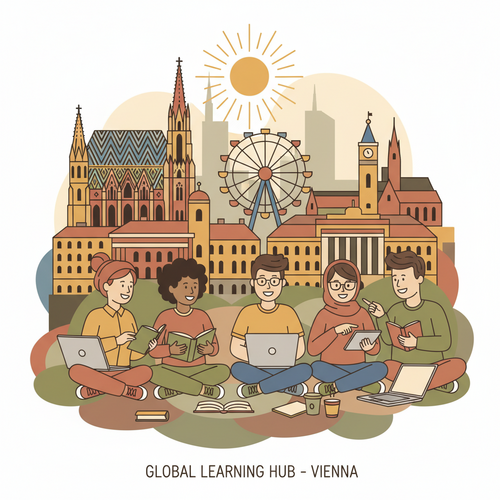 A group of diverse, English-speaking students studying and interacting in front of a stylized background of Vienna, representing the opportunity to study in Vienna English.