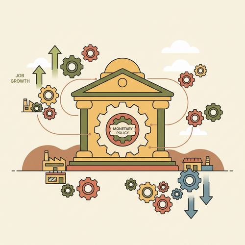 Flat design illustration depicting how central bank monetary policy and job prospects are interconnected, showing a central bank influencing businesses and employment.