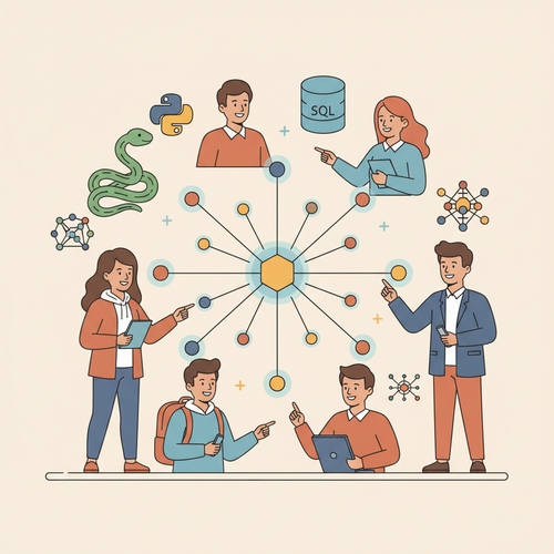 A group of diverse individuals, some appearing as students and others as professionals, collaboratively constructing a digital data structure with glowing interconnected nodes. Icons representing Python, SQL, and machine learning float around them. This conceptual image symbolizes acquiring Free Data Science Certifications 2026 to boost career skills.