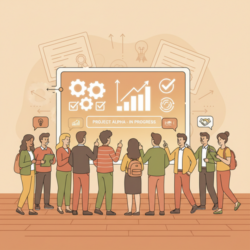Illustration of a diverse group of professionals collaborating around a large, interactive screen displaying project tasks and progress, representing free project management courses and certifications.