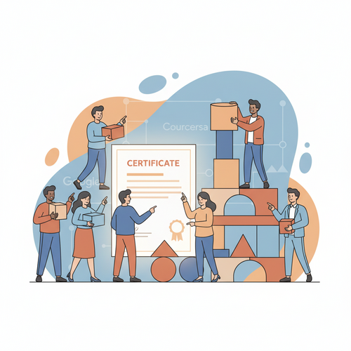 Illustration of diverse individuals collaborating around a large digital certificate, symbolizing the achievement of free project management courses with certificates from Google and Coursera, using a flat design style.