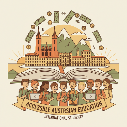Flat design illustration showing accessible tuition-free education in Austria for non-EU students.