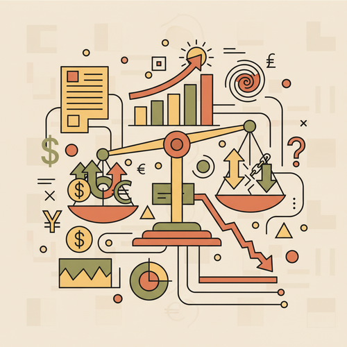 Flat design illustration of various financial derivative symbols like arrows for market direction, a padlock for hedging, and a magnifying glass for analysis, connected by subtle lines representing contracts and agreements, set against a background of abstract financial charts.