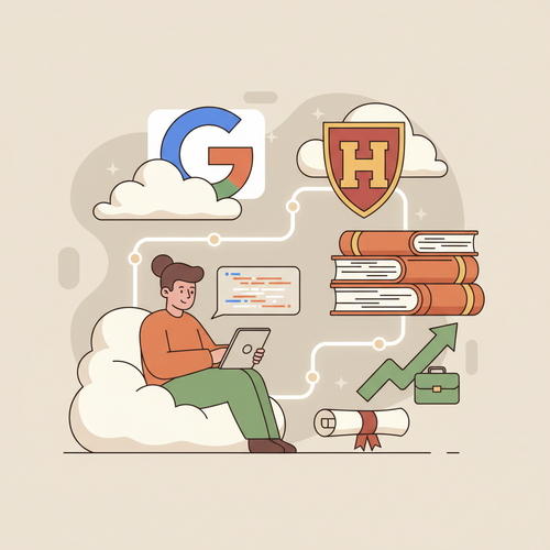 Illustration of a student engaged in free online coding bootcamps with certificates, featuring logos of Google and Harvard, symbolizing accessible education and career advancement.