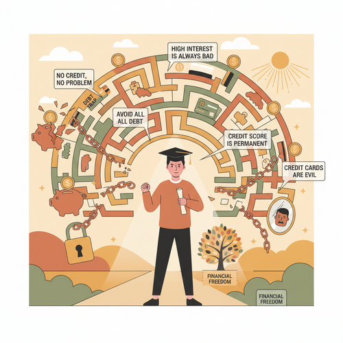 A flat design illustration showing a recent graduate confidently walking through a financial maze, debunking common credit score myths, highlighting financial literacy for young adults.