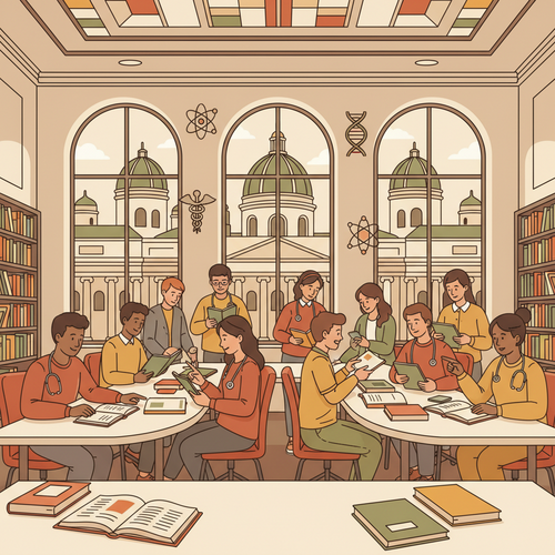 International students collaboratively studying at a top medical university in Austria, with medical textbooks and equipment.