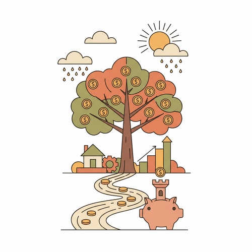 Illustration of various data analytics tools like a spreadsheet, a database icon, and a data visualization dashboard, representing free data analytics certifications for financial growth.