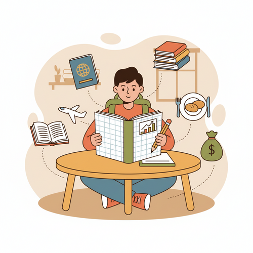 A flat design illustration of a student creating a study abroad budget, surrounded by icons of hidden costs like a passport, plane, and money.