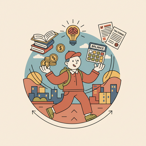 Flat design illustration of a student managing part-time job income and taxes, showing a student with books, money, and tax documents, symbolizing financial planning.