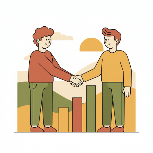 Two recent graduates successfully negotiate first salary, shaking hands over a chart showing financial growth.