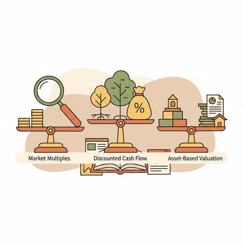 Flat design illustration showing various Corporate Valuation Methods, including a balance scale, a magnifying glass over financial documents, and charts, all in warm earth tones.