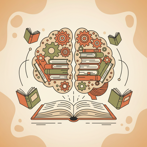 Illustration of a brain with gears and books, symbolizing the benefits of free online psychology courses from Yale and other top universities for enhanced learning and decision-making.