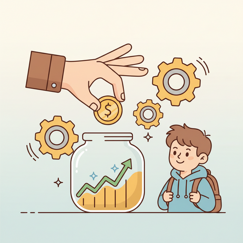 A flat design illustration showing a student investing a small amount of money into a fractional share, symbolizing easy access to the stock market for students with limited funds.