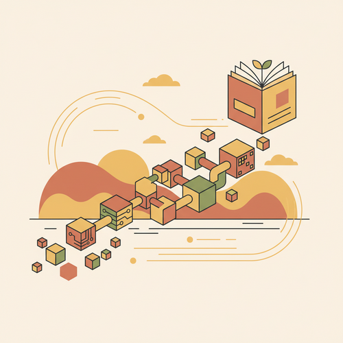 Flat design illustration showing interconnected digital blocks and a user learning, symbolizing free blockchain development.