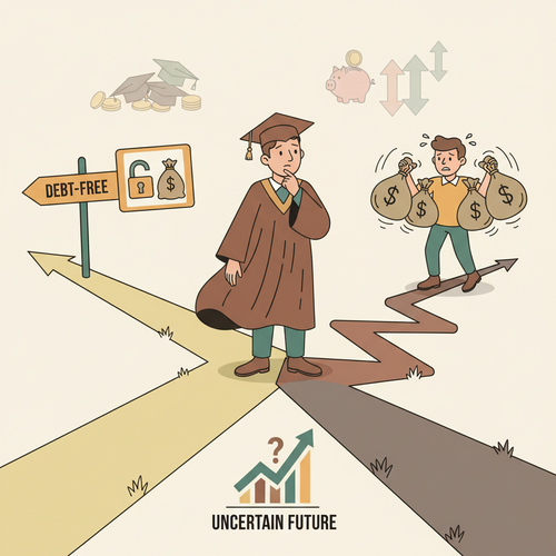 A recent graduate thoughtfully looking at different paths representing strategies for managing student debt, including budgeting, repayment plans, and refinancing. The image emphasizes the focus keyphrase: Managing Student Debt.