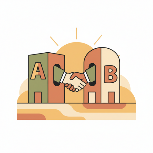 Illustration showing two distinct corporate entities or buildings merging, representing Mergers and Acquisitions Explained.