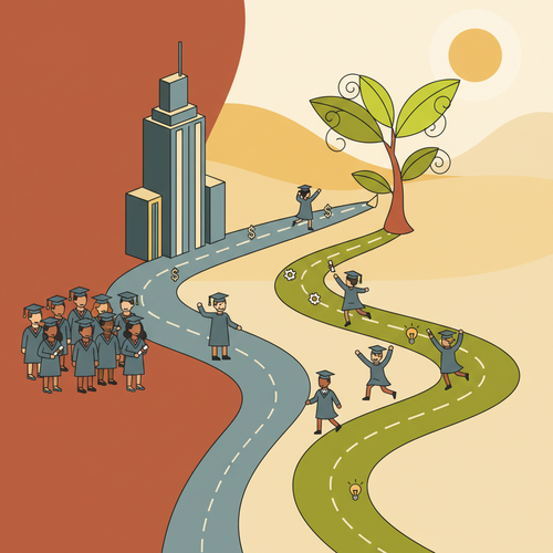 Illustration showing two distinct career paths for graduates, one representing private equity with a skyscraper, and the other venture capital with a growing startup plant, symbolizing Private Equity Venture Capital Careers.