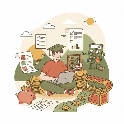 A student reviewing tax forms and a laptop, representing the process of reporting income from internships and side gigs, as explained in the Student Tax Guide.