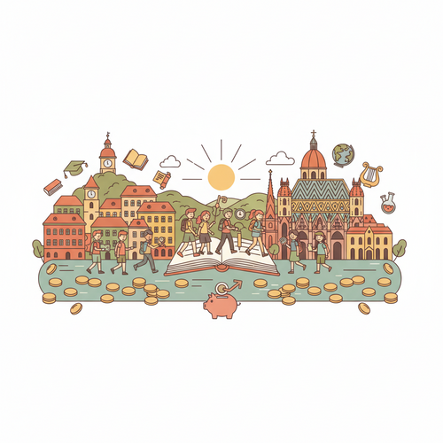 Flat design illustration comparing two distinct city skylines for Studying in Graz vs Vienna, with students and academic symbols.