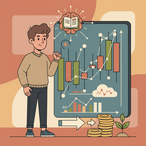 Flat design illustration of a young investor analyzing a candlestick chart, representing technical analysis for young investors and understanding market data.