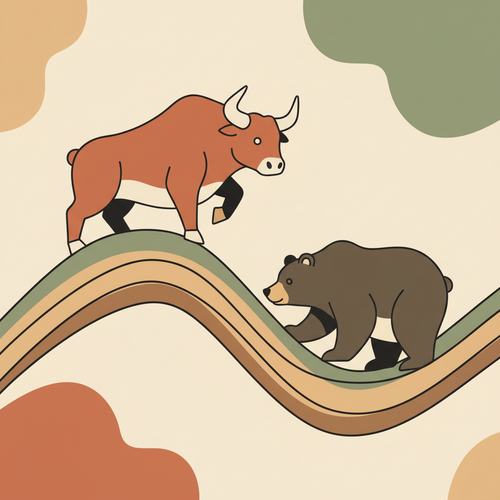 Illustration showing a bull pushing a stock market graph upwards and a bear pushing it downwards, representing the difference between bull and bear markets.