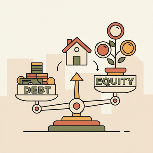 Flat design illustration of a balanced scale representing capital structure, with 'Debt' and 'Equity' on opposite sides, illustrating Capital Structure Understanding.