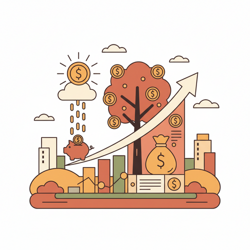 Illustration showing the Time Value of Money concept with a growing money tree or a stack of coins increasing over time, relevant for finance majors.
