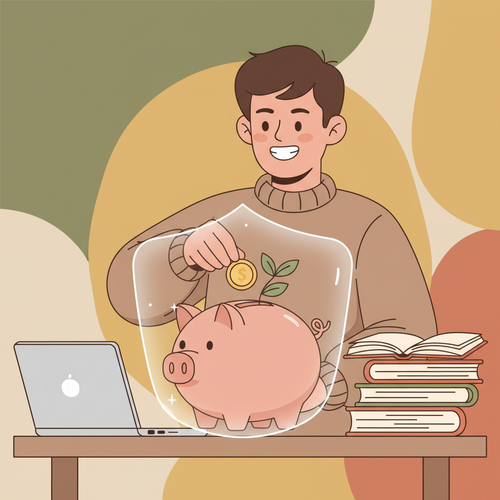 A cartoon illustration of a college student saving money into a piggy bank, symbolizing a college student emergency fund.