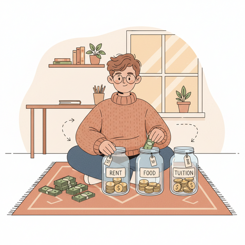A student uses zero-based budgeting, meticulously allocating every dollar into labeled jars for rent, food, savings, and tuition to manage finances effectively.