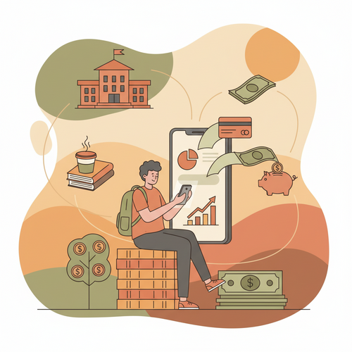 Flat design illustration of a college student happily using a budgeting app on their phone, surrounded by money symbols and school supplies, representing effective budgeting for college students.