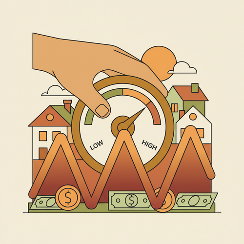 Flat design illustration showing a central bank controlling global inflation with monetary policy tools