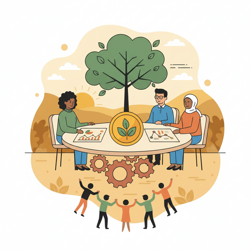 Illustration of financial analysts discussing ESG ratings and sustainable investing principles.