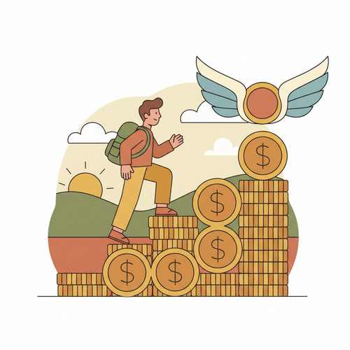 Gen Z person climbing steps of coins towards financial independence, symbolizing progress and freedom.