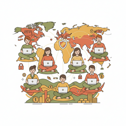 Illustration of people learning free cybersecurity courses, with digital shields protecting their devices and data.