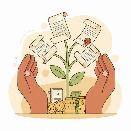 Flat design illustration representing Green Bonds and Sustainable Finance, showing an investment in a greener future.