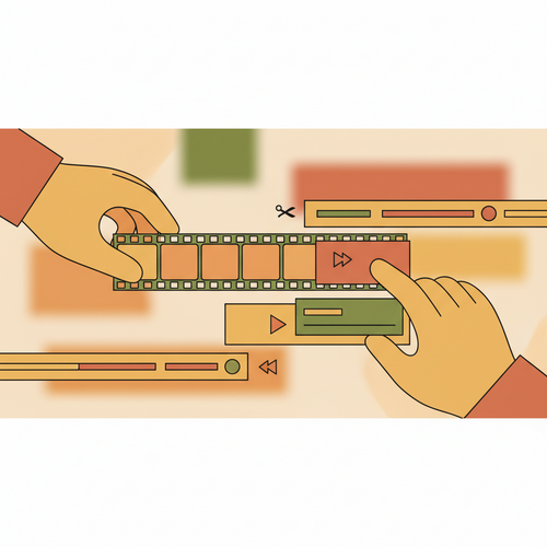 Flat design illustration depicting hands editing video on a screen, symbolizing learning DaVinci Resolve free tutorials.