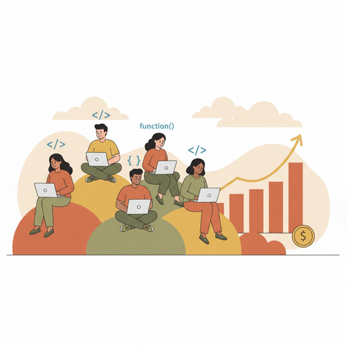 Flat design illustration of a diverse group of people learning to code on laptops, surrounded by abstract representations of code snippets and a growth chart, symbolizing progress in free coding bootcamps for full-stack development