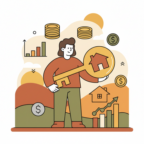 Young graduate financially planning for their first apartment, surrounded by money and moving boxes.