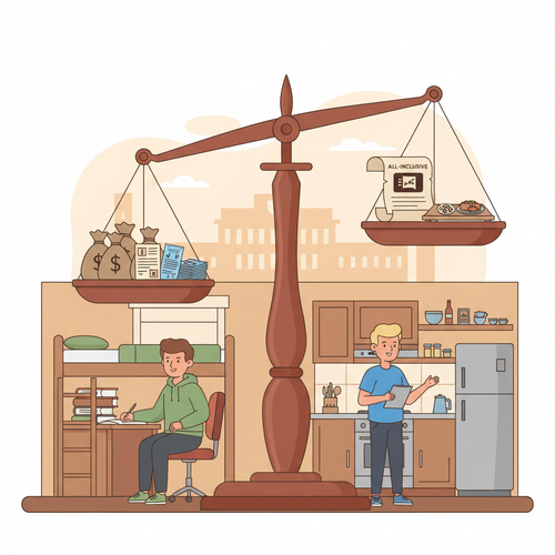 Financial comparison between off-campus housing and dorms for students, showing costs.