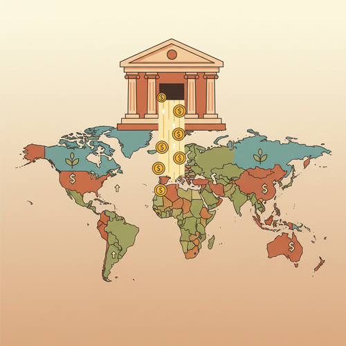 Illustration of central bank quantitative easing, showing money being injected into the global economy to stimulate growth.