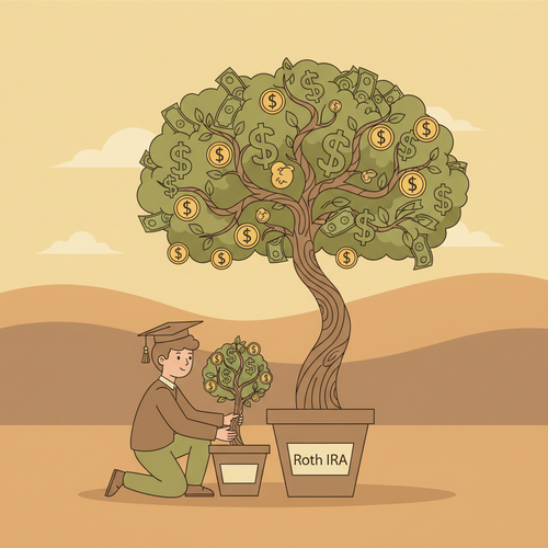 A student plants a small money tree, representing Roth IRAs for students, which grows into a large, flourishing tree, symbolizing long-term financial growth and security.
