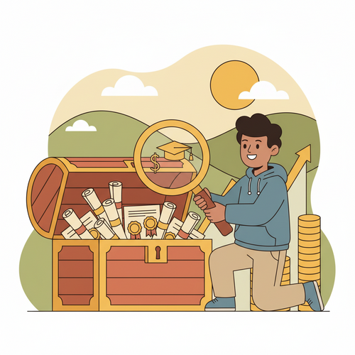 A student searching for unclaimed scholarships in 2026, finding a treasure chest of financial aid awards.