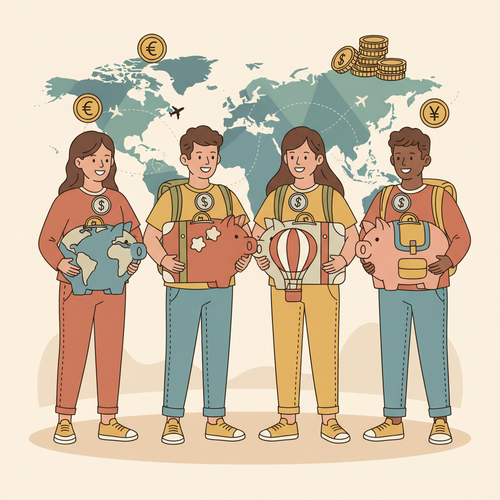 Flat design illustration showing diverse students saving money and planning for study abroad on a budget, with coins, a passport, and a globe.