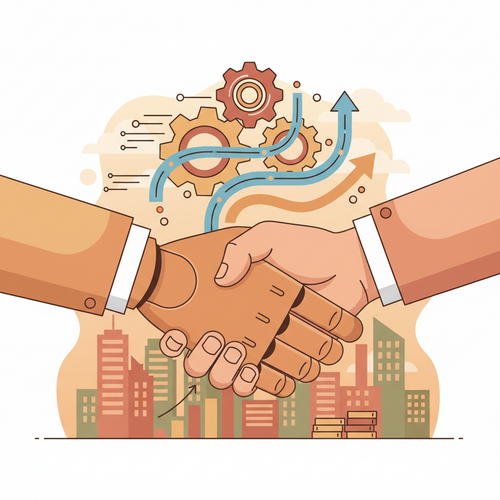 Flat design illustration showing the collaboration of AI in investment banking, with a robot and human shaking hands amidst financial data and city buildings.