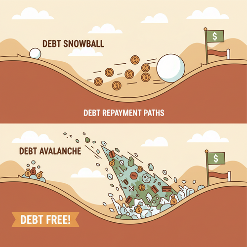 Illustration comparing the Snowball vs. Avalanche method for student loan repayment, showing two distinct paths to financial freedom.